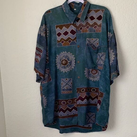 VTG Pareos,Etc. Men’s Geometric Print Rayon Pocket Collared Shirt Size XL - Picture 1 of 9